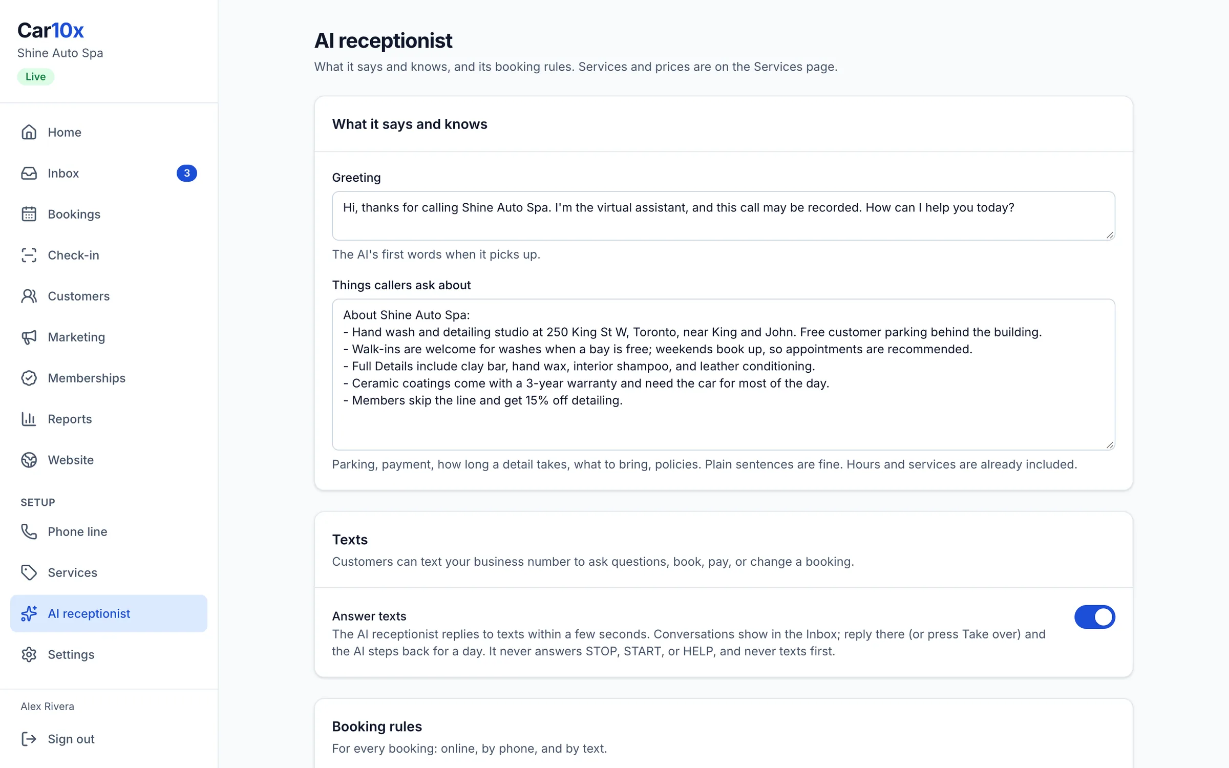 The AI receptionist settings in Car10x: greeting, booking rules, and how many cars the business takes at once