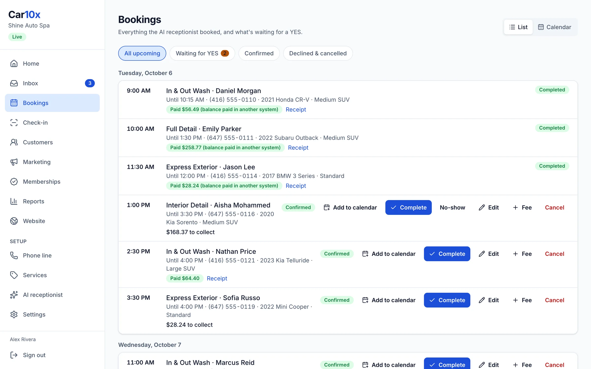 The Car10x bookings page with today's appointments and payment status