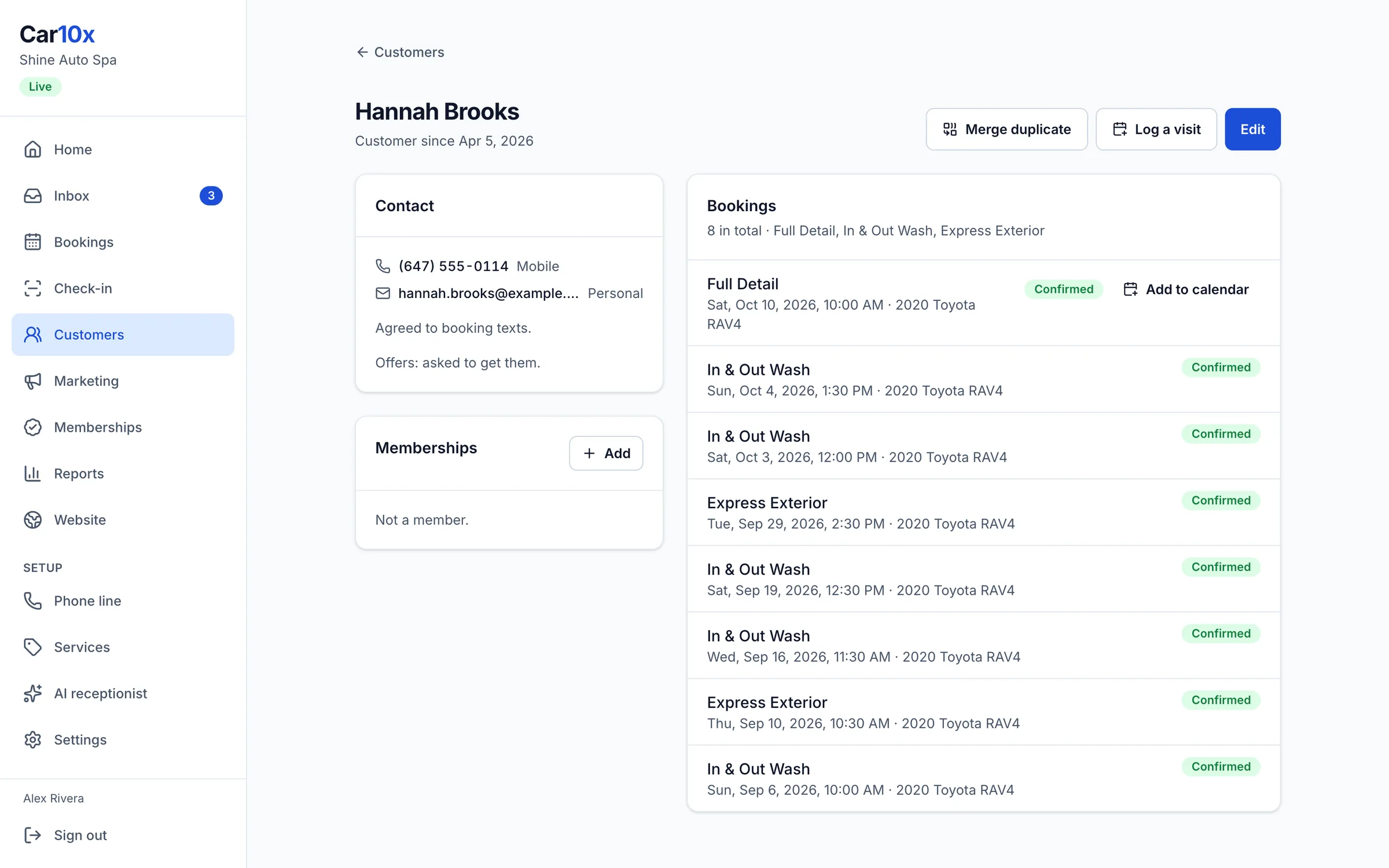 A customer's page in Car10x with their bookings, conversations, and payments