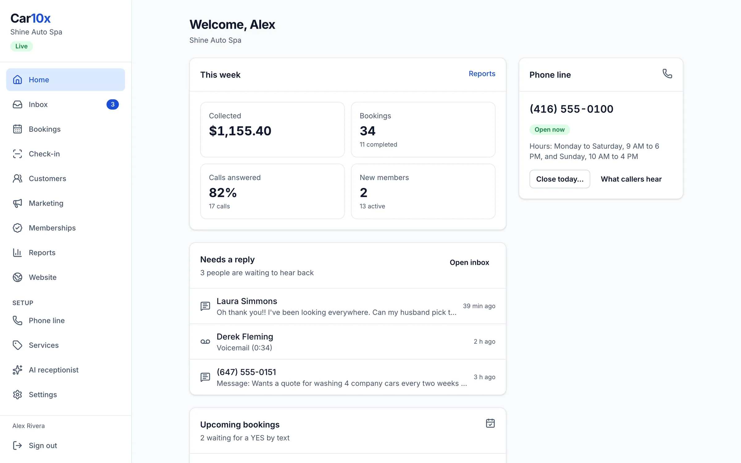 The Car10x home page: this week's calls, bookings, and revenue, today's appointments, and messages waiting for a reply