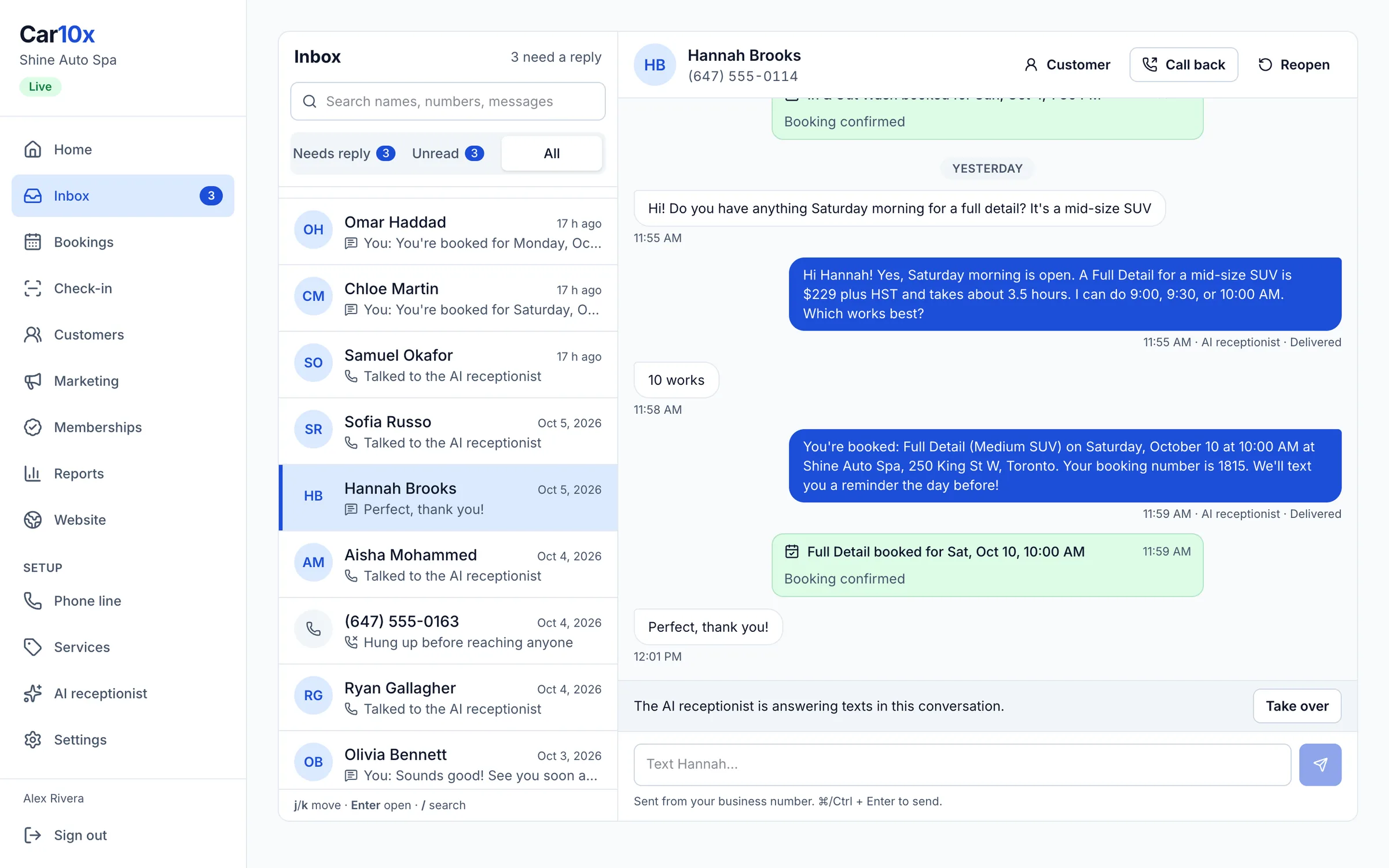 The Car10x inbox: a customer texts about a Saturday full detail, the AI quotes the price, offers times, and books it