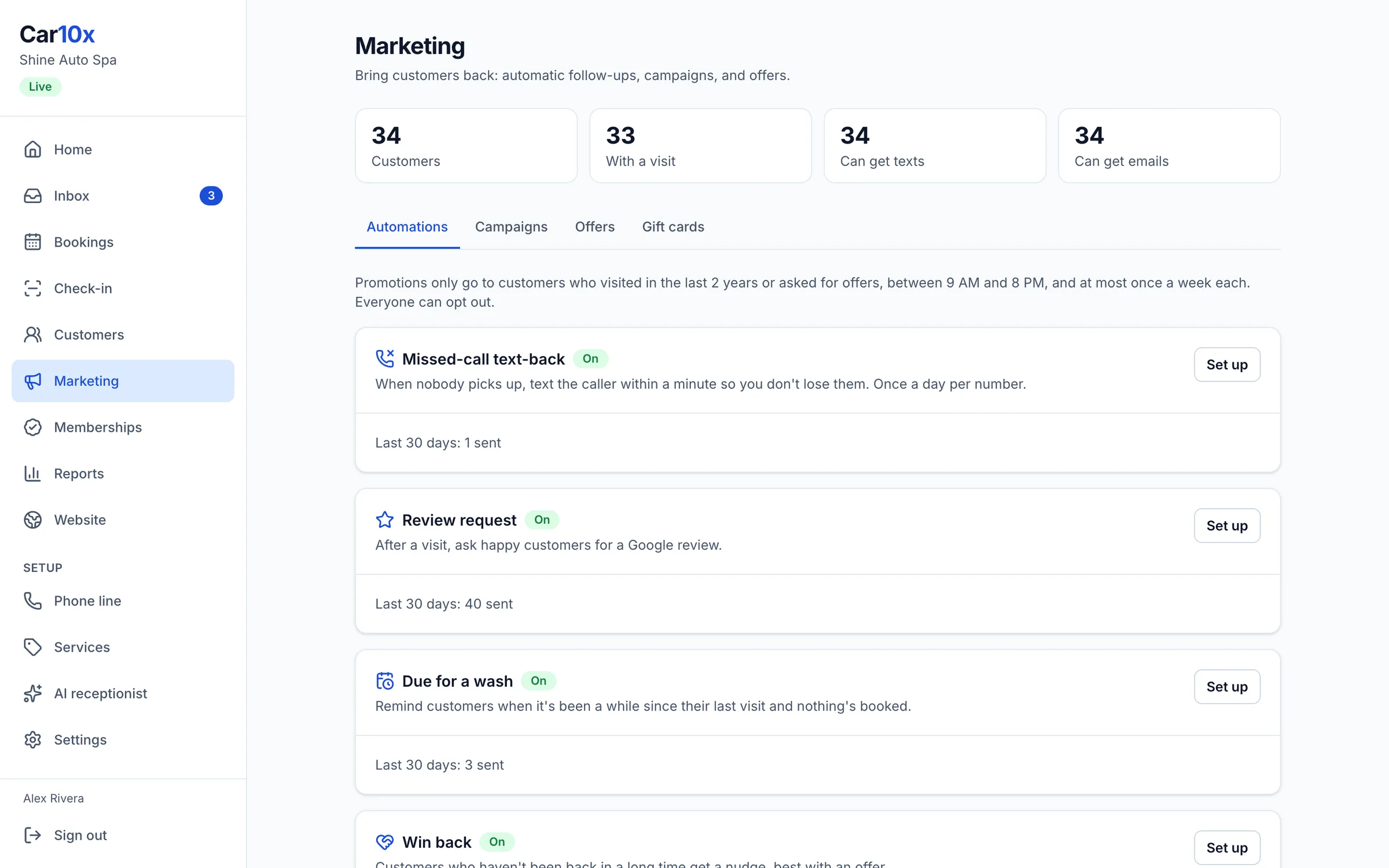 The Car10x marketing page with automations for reviews, reminders, and win-back