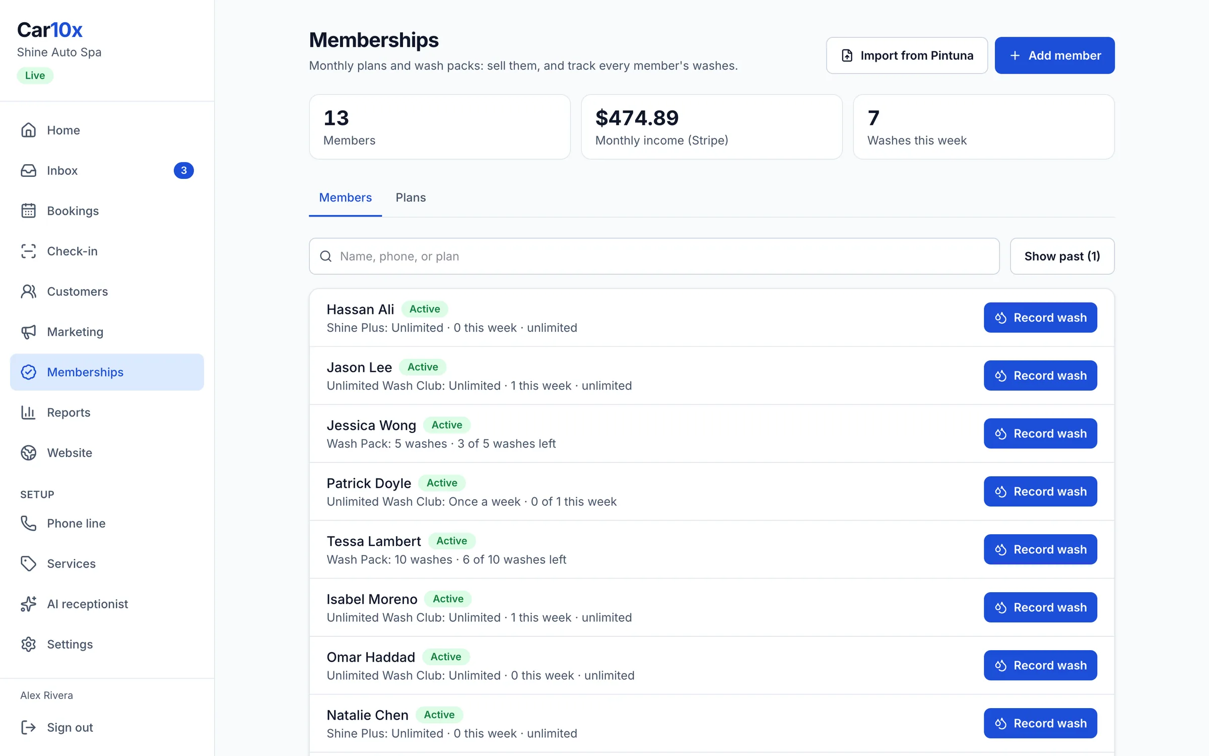 The Car10x memberships page listing members and their status