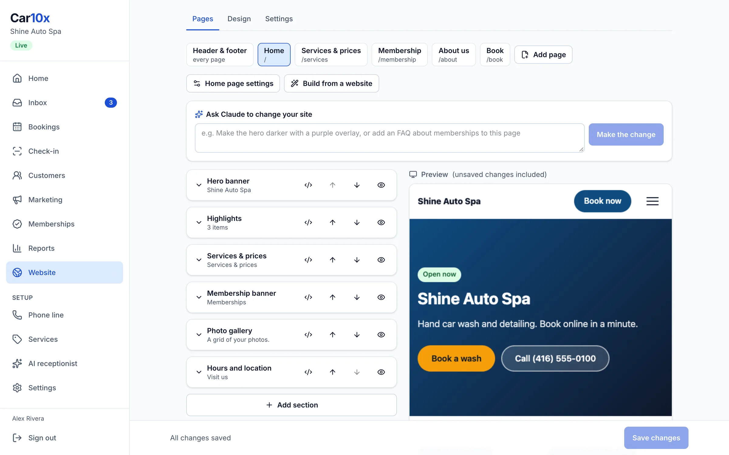 The Car10x website editor: the home page's sections, Ask Claude to change your site, and a live preview