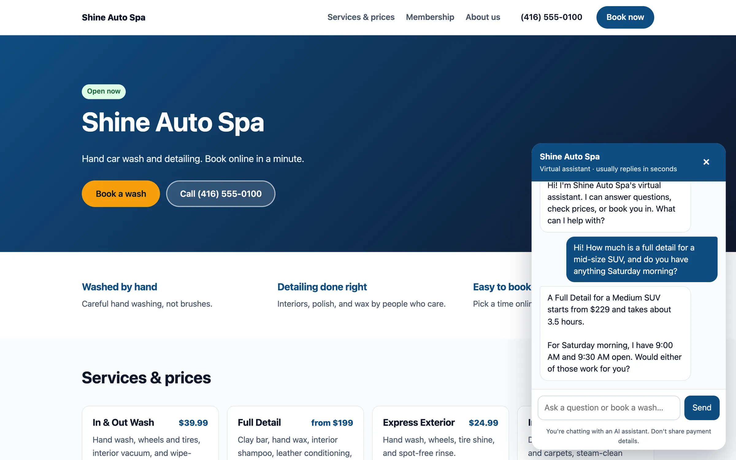 A car wash website built with Car10x, where a visitor asks about a full detail and the AI quotes the price and offers Saturday times